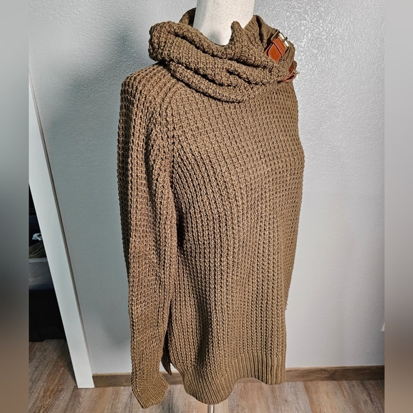 Michael Kors Women's Tan Brown Sweater with Knit Buckle Scarf. Convertable Sz Sm - Picture 2 of 14